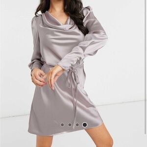 River Island satin cowl neck tie waist mini dress in stone
